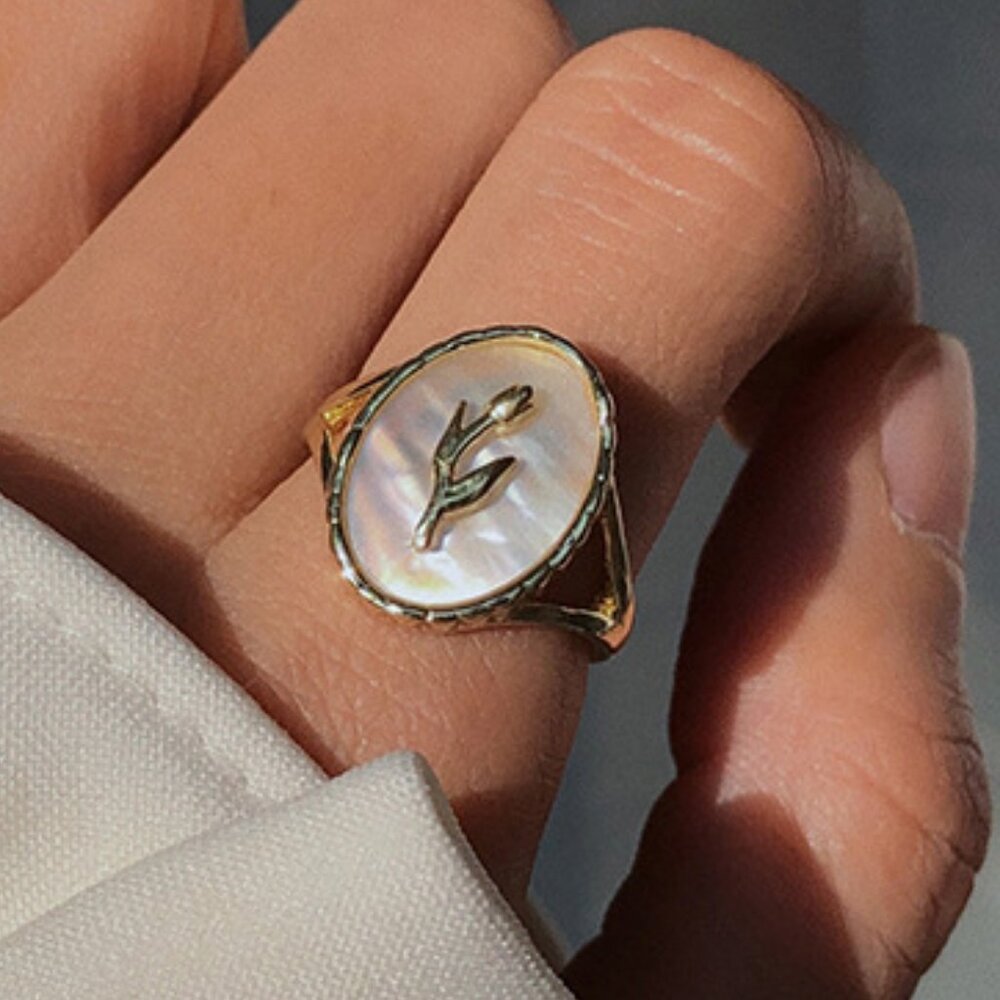 NEW 925 Sterling Silver Shell Flower Oval Signet Adjustable Ring